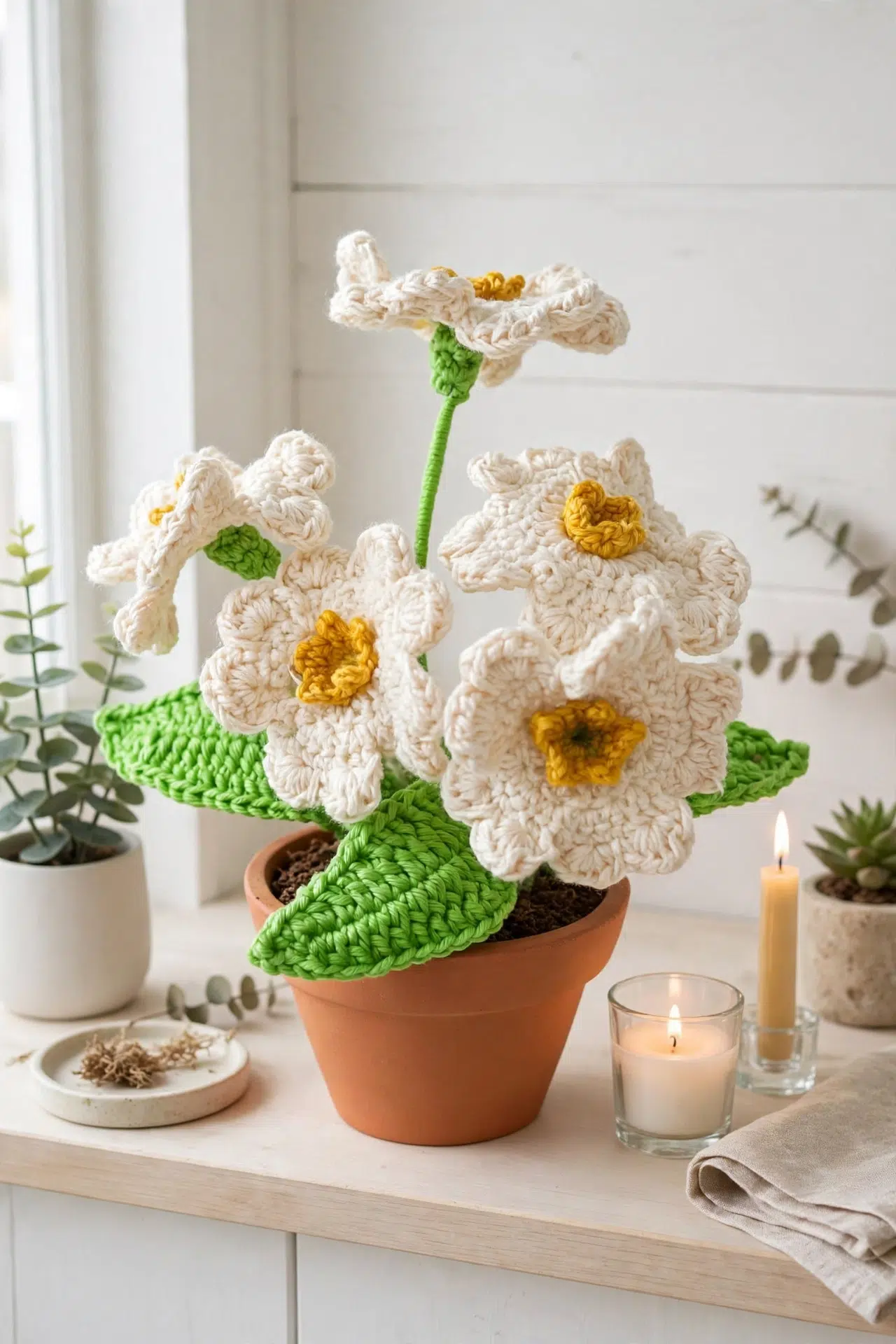 Close-up angle of Crochet Primrose Flower showing detailed petal texture