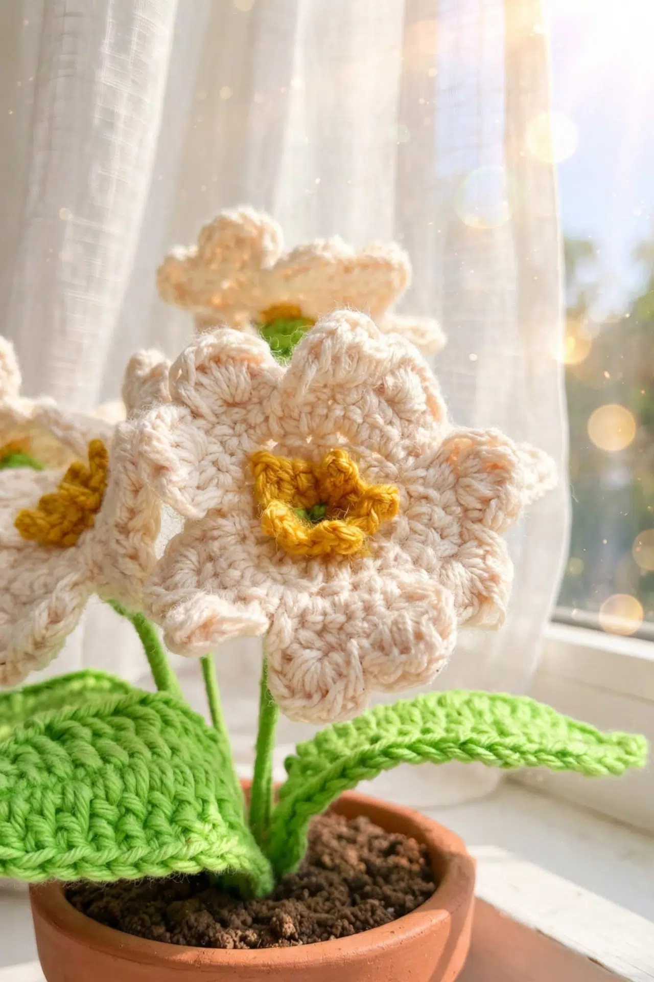 Crochet Primrose Flower with layered petals and textured finished stitches