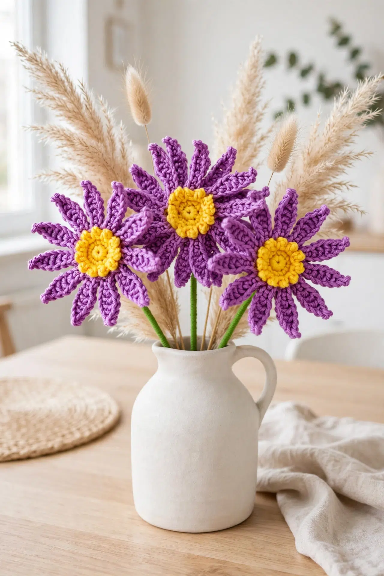 Delicate Crochet Aster Flower viewed close up, highlighting petal shape and textured stitches