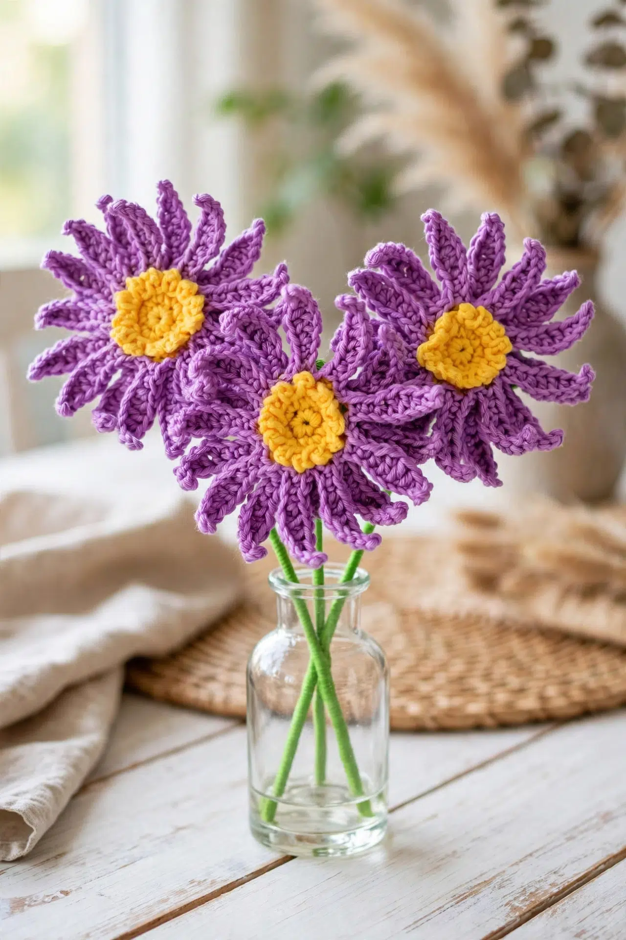 Delicate Crochet Aster Flower styled as a finished floral decoration in a setting
