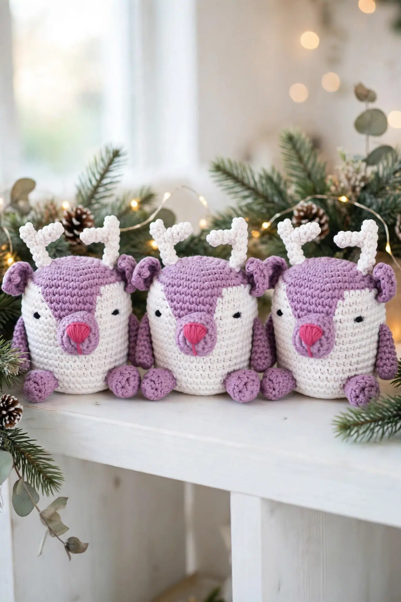 Festive Crochet Amigurumi Reindeer displayed upright in a festive setting with handmade charm