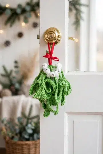 Festive Crochet Mistletoe finished decoration with leafy shape and rich green texture
