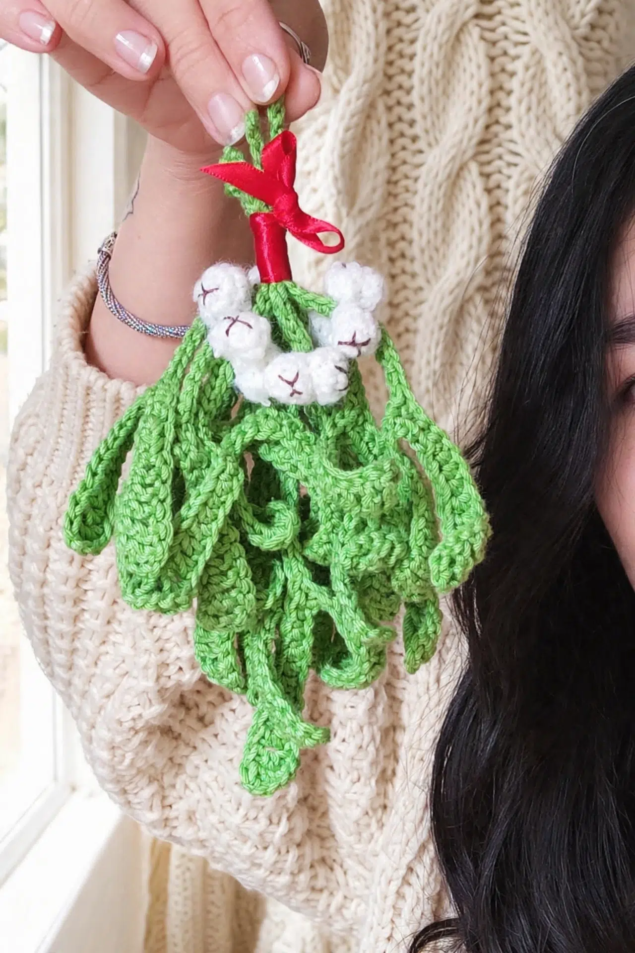 Close-up angle of Festive Crochet Mistletoe showing detailed crochet stitches and texture