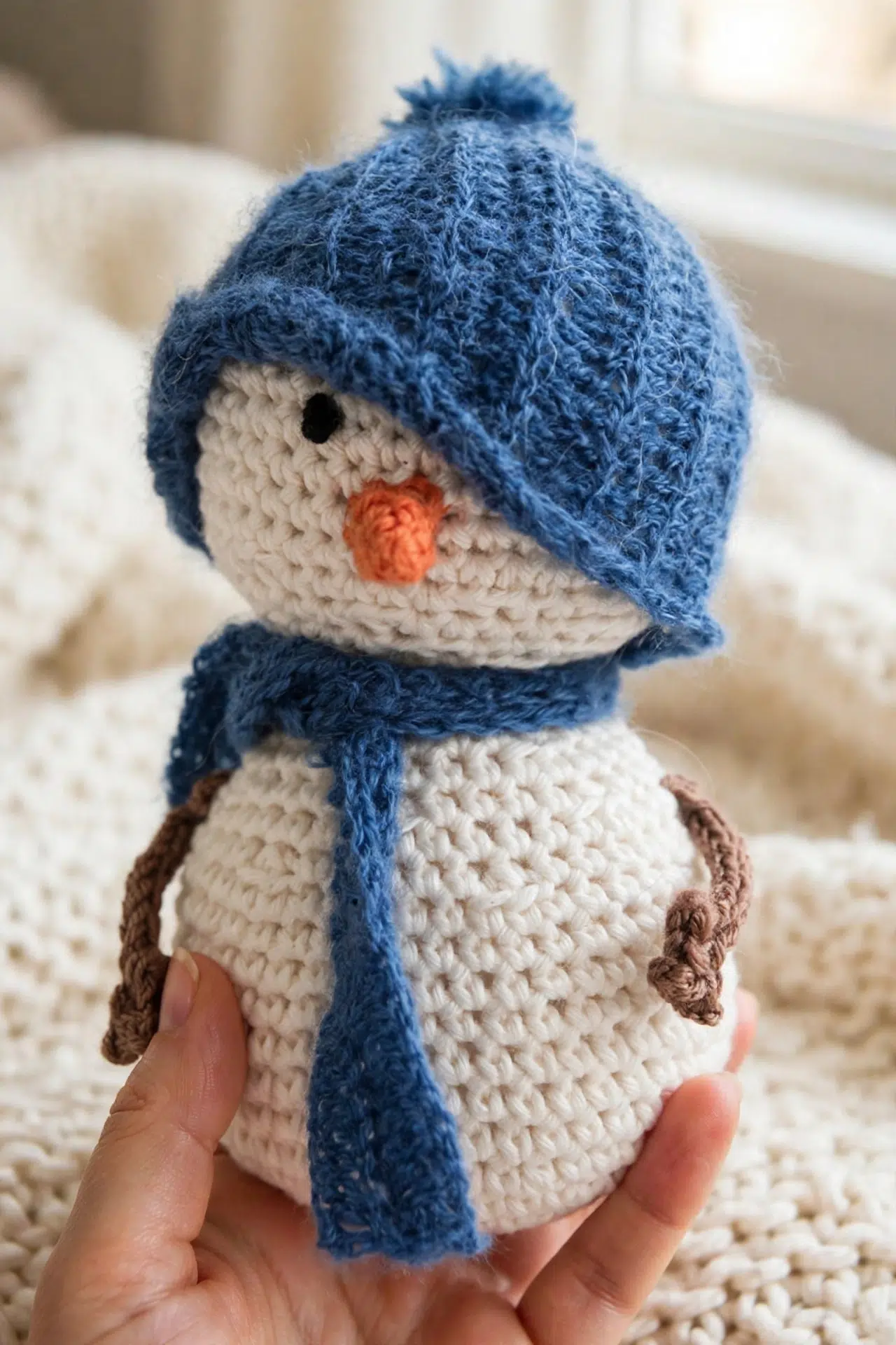 Detailed view of the Festive Crochet Snowman’s crochet texture and rounded shape