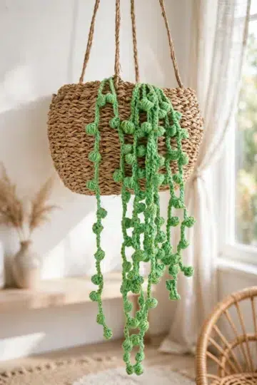 Pearl Vine Crochet Succulent finished project with trailing vines and textured green stitches