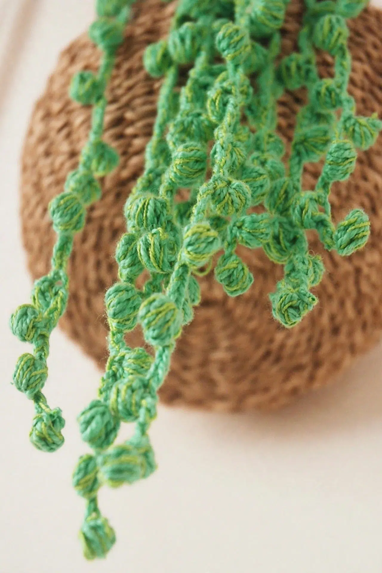 Close angled view of Pearl Vine Crochet Succulent showing detailed stitches and rounded leaves