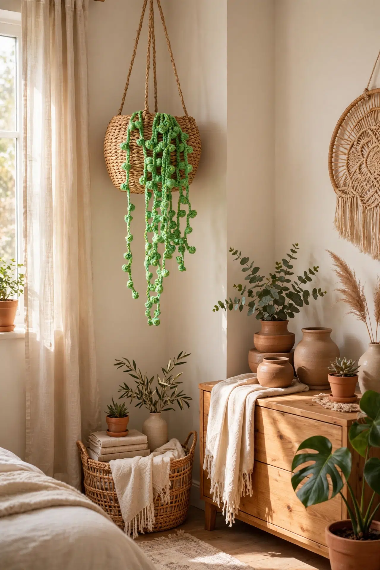 Pearl Vine Crochet Succulent displayed as handmade decor in a styled setting
