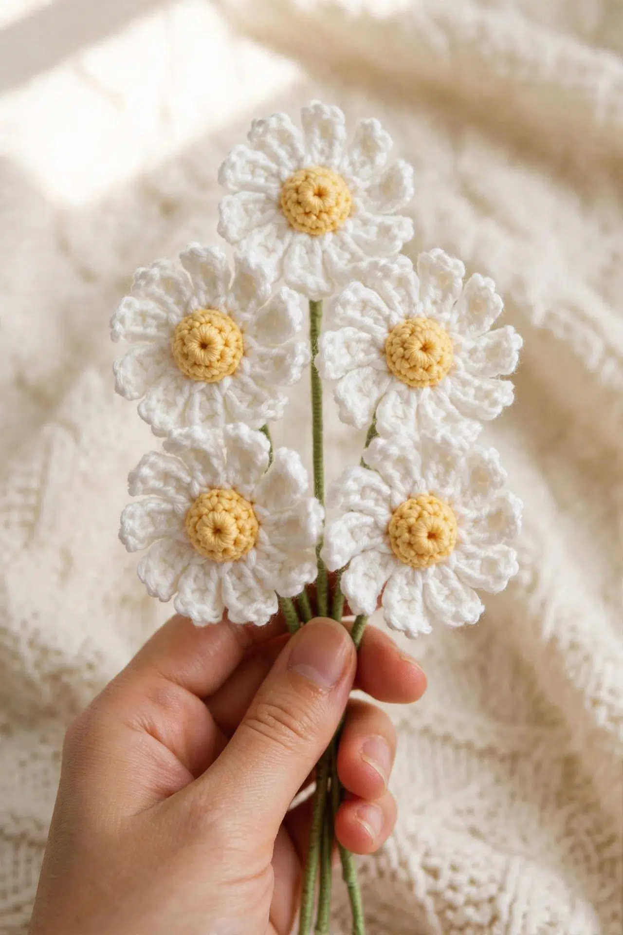 Wire-Stem Crochet Daisy viewed from an angle, showing detailed crochet stitches