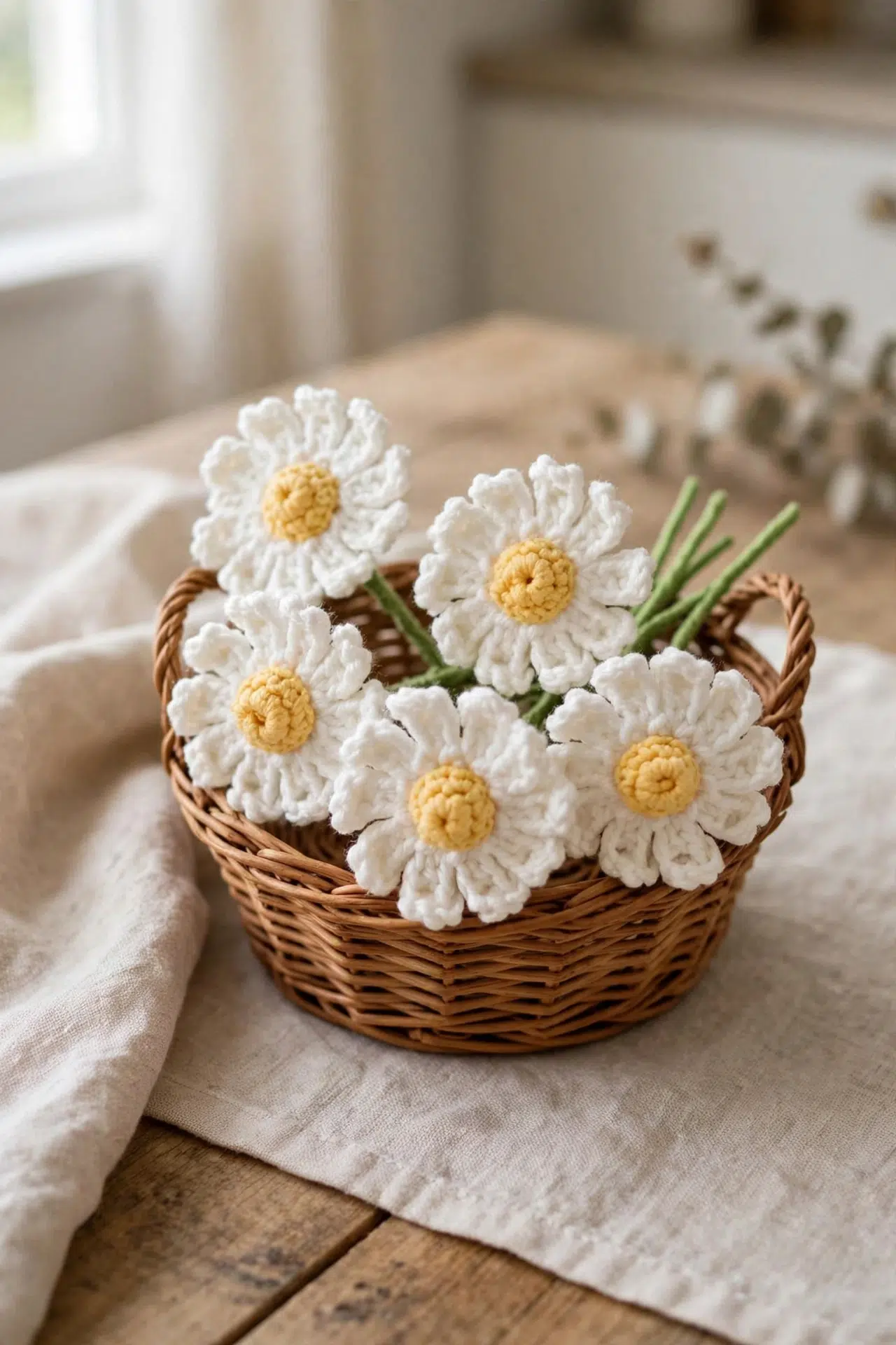 Wire-Stem Crochet Daisy displayed as handmade floral decor with textured petals